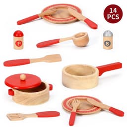 image-SOKA 14 PC Wooden Kitchen Red Cooking Set Pretend Role Play Set for Children