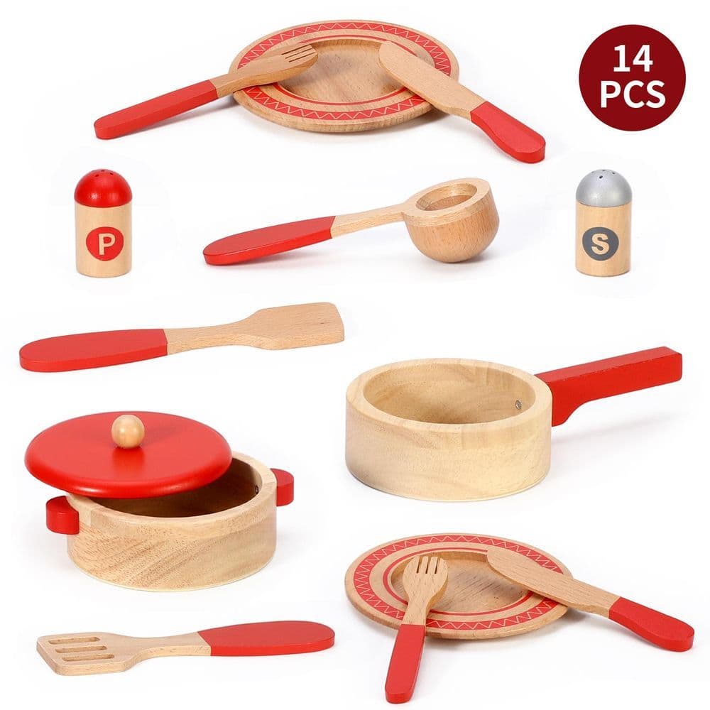 image-SOKA 14 PC Wooden Kitchen Red Cooking Set Pretend Role Play Set for Children