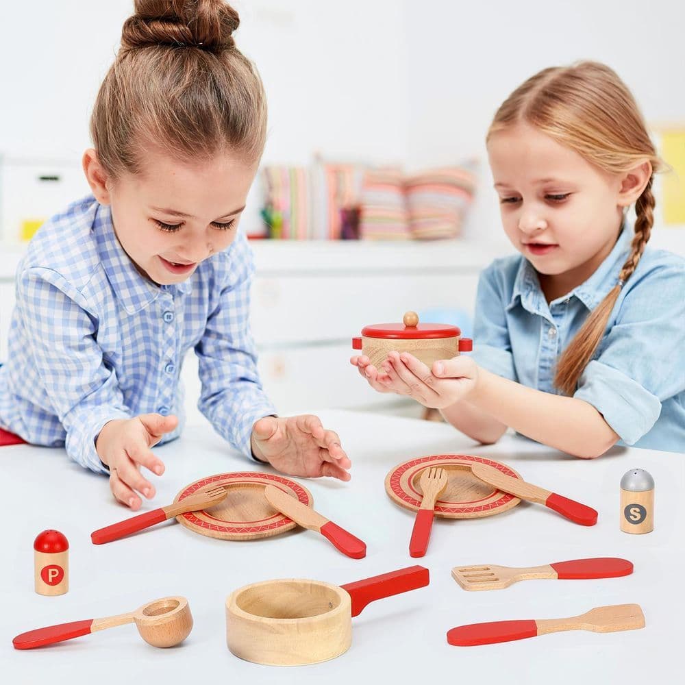 image-SOKA 14 PC Wooden Kitchen Red Cooking Set Pretend Role Play Set for Children