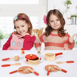 image-SOKA 14 PC Wooden Kitchen Red Cooking Set Pretend Role Play Set for Children