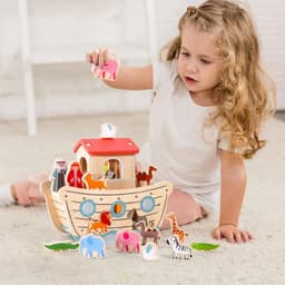 image-SOKA Wooden Noah's Ark Animal Boat Shape & Blocks Sorter Puzzle Activity Toy 3+