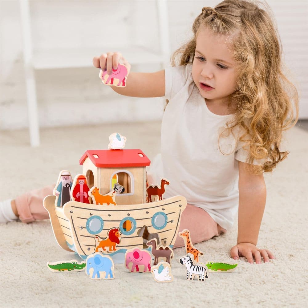 image-SOKA Wooden Noah's Ark Animal Boat Shape & Blocks Sorter Puzzle Activity Toy 3+