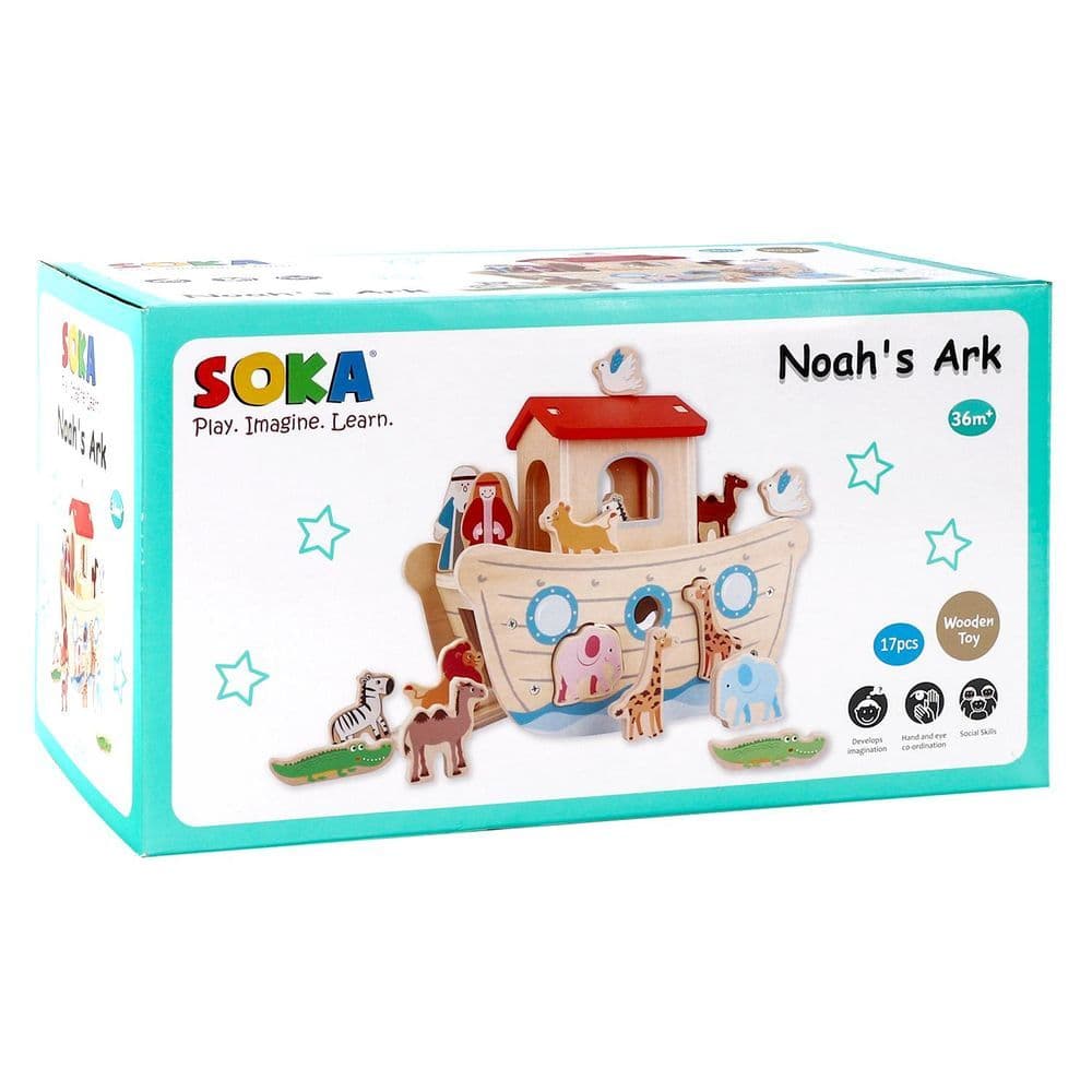 image-SOKA Wooden Noah's Ark Animal Boat Shape & Blocks Sorter Puzzle Activity Toy 3+