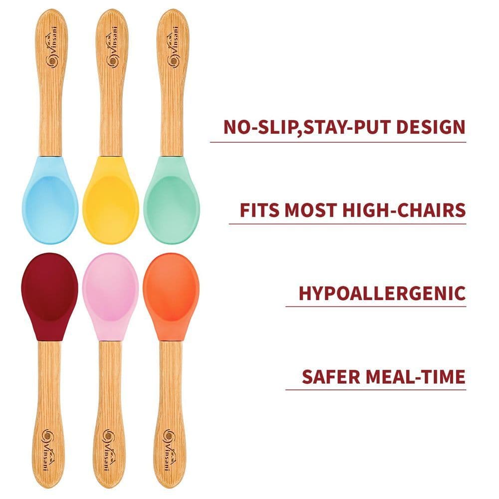 image-6 Pieces Bamboo and Silicone Spoon Set for Baby/Toddler Weaning