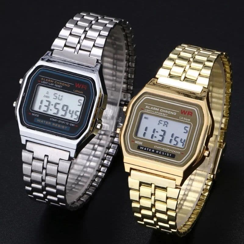 image-Electronic Quartz Watch - LED Display, Waterproof, Stainless Steel Band