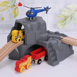 image-Wooden Train Track Accessories - Durable Double Tunnel for Kids Playtime