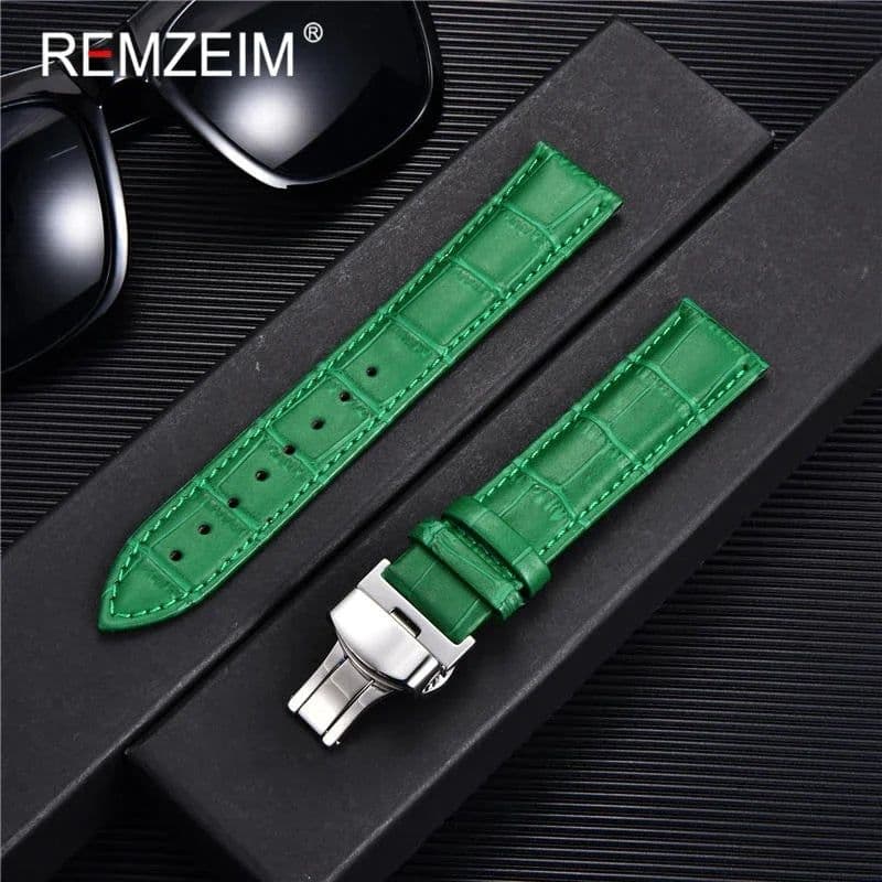 image-REMZEIM Leather Watchband with Butterfly Clasp - Stylish & Durable Strap