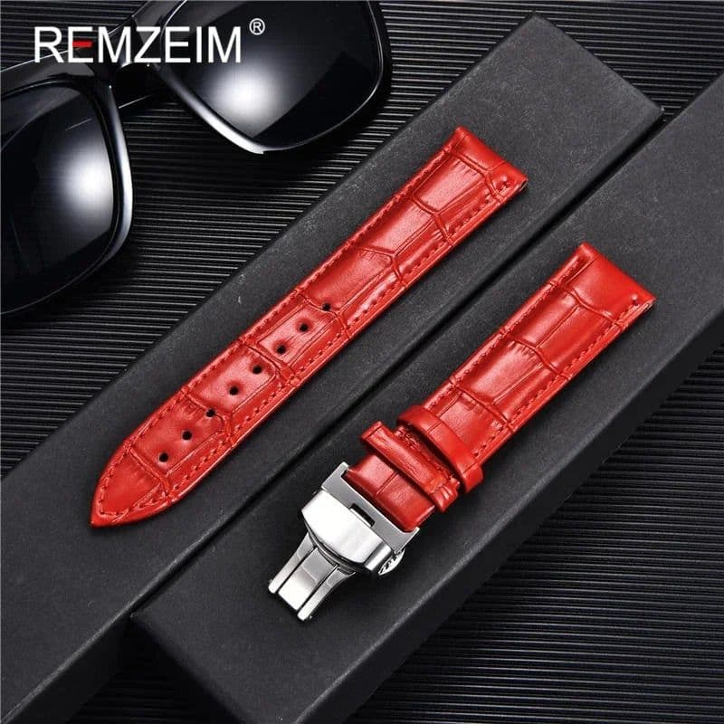 image-REMZEIM Leather Watchband with Butterfly Clasp - Stylish & Durable Strap