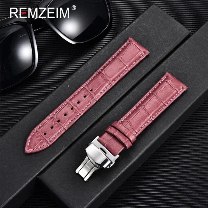 image-REMZEIM Leather Watchband with Butterfly Clasp - Stylish & Durable Strap