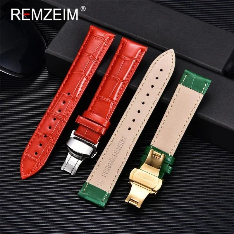 image-REMZEIM Leather Watchband with Butterfly Clasp - Stylish & Durable Strap