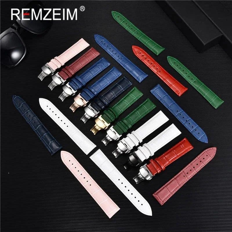 image-REMZEIM Leather Watchband with Butterfly Clasp - Stylish & Durable Strap