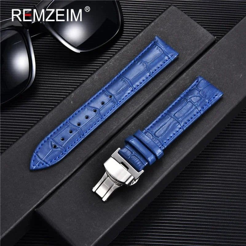 image-REMZEIM Leather Watchband with Butterfly Clasp - Stylish & Durable Strap