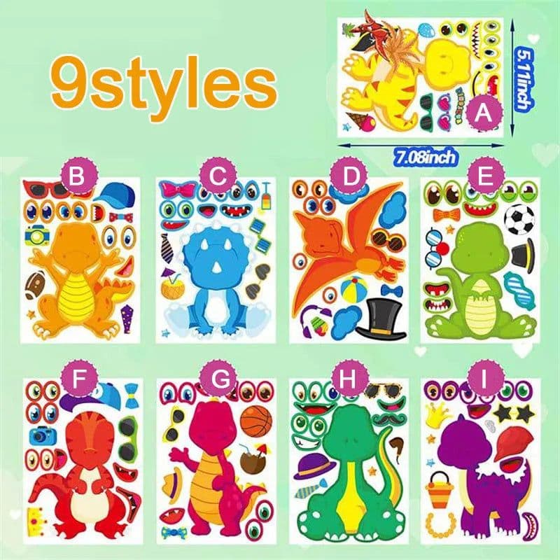 image-Dinosaur Make A Face Stickers - Fun Reusable Puzzle Sticker for Kids