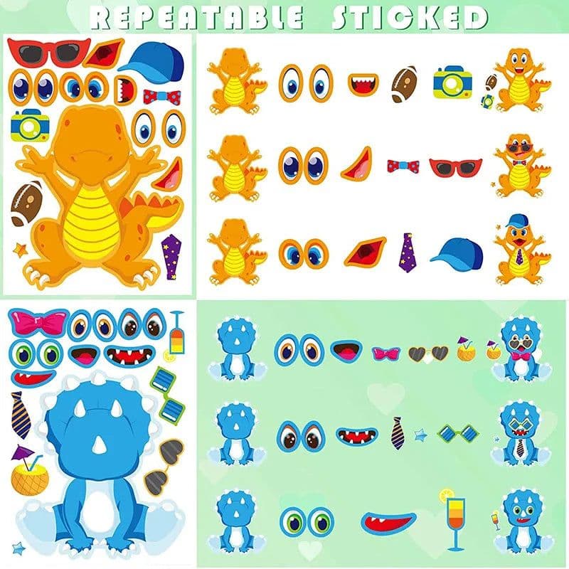 image-Dinosaur Make A Face Stickers - Fun Reusable Puzzle Sticker for Kids