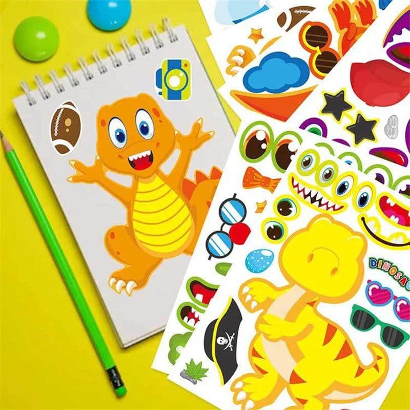 image-Dinosaur Make A Face Stickers - Fun Reusable Puzzle Sticker for Kids
