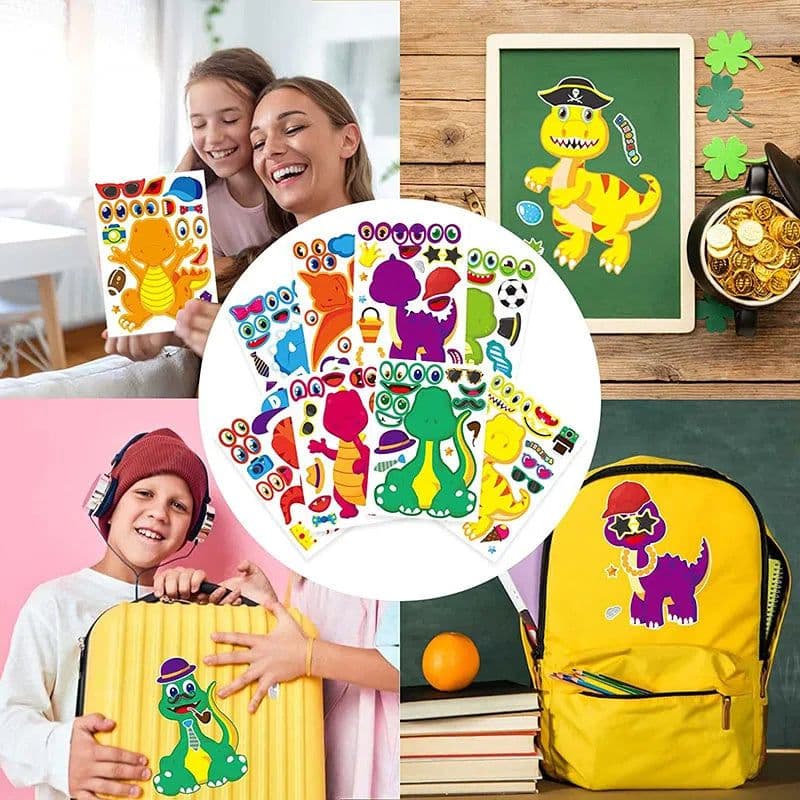 image-Dinosaur Make A Face Stickers - Fun Reusable Puzzle Sticker for Kids