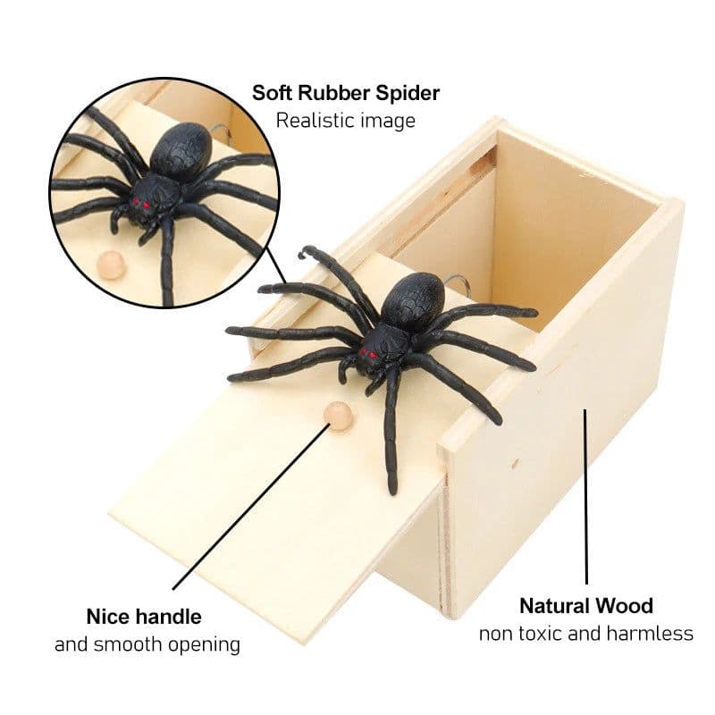 image-Wooden Mini Spider Prank Box - Fun Scare Toy for Kids & Adults Halloween Gift