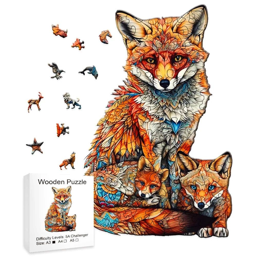 image-Warm Fox Family 3D Wooden Puzzle - Creative Gift for All Ages