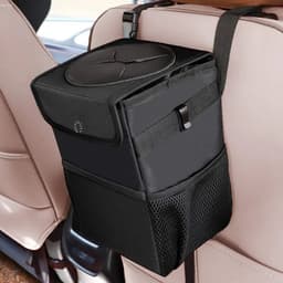 image-Car Trash Can With Lid Car Trash Bag Hanging With Storage Pockets