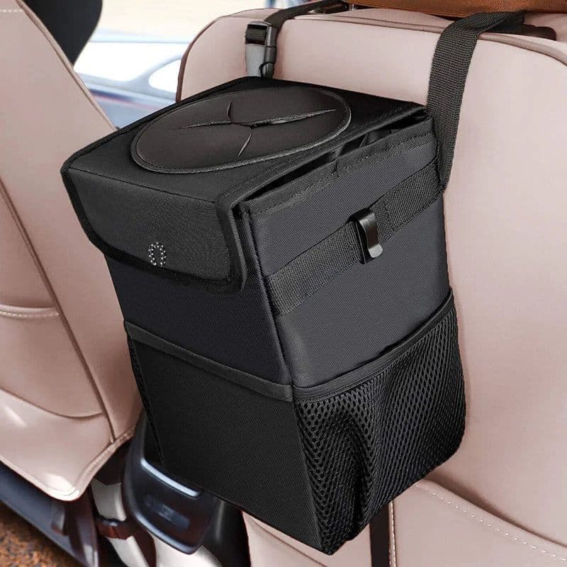 image-Car Trash Can With Lid Car Trash Bag Hanging With Storage Pockets
