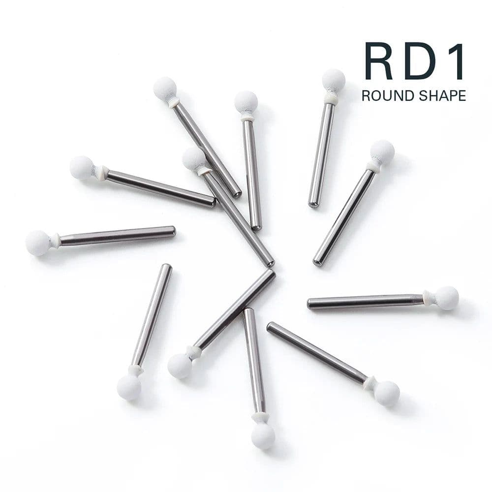 image-(12pcs/box)Dia1.6mm Azdent White Stone Polishing Burs for Finishing Porcelain Enamel & Composite Resin Flame/Cone/Round Shape
