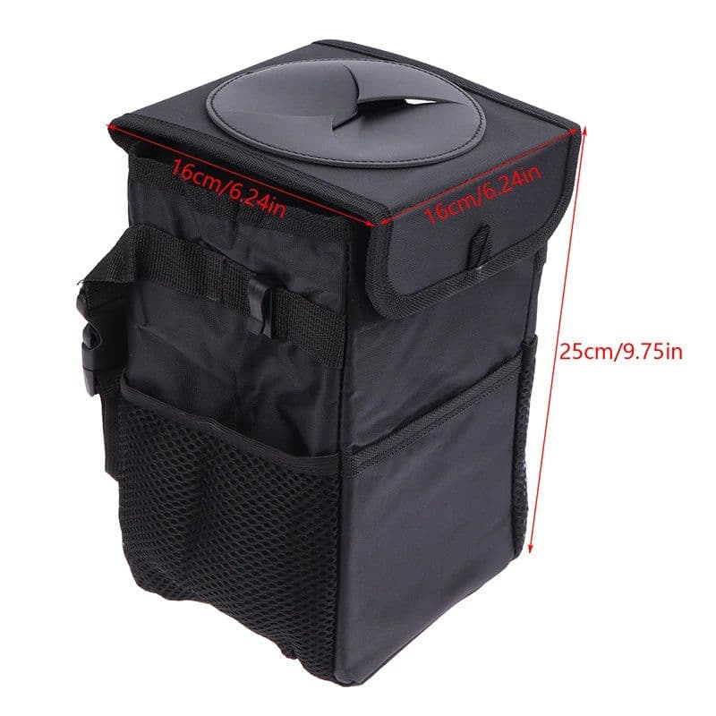 image-Car Trash Can With Lid Car Trash Bag Hanging With Storage Pockets