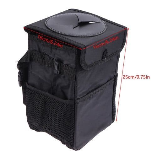 image-Car Trash Can With Lid Car Trash Bag Hanging With Storage Pockets