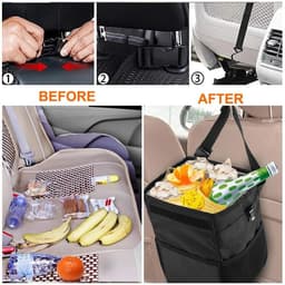 image-Car Trash Can With Lid Car Trash Bag Hanging With Storage Pockets