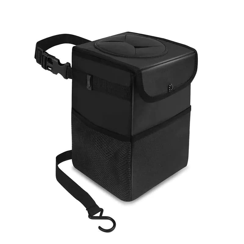 image-Car Trash Can With Lid Car Trash Bag Hanging With Storage Pockets