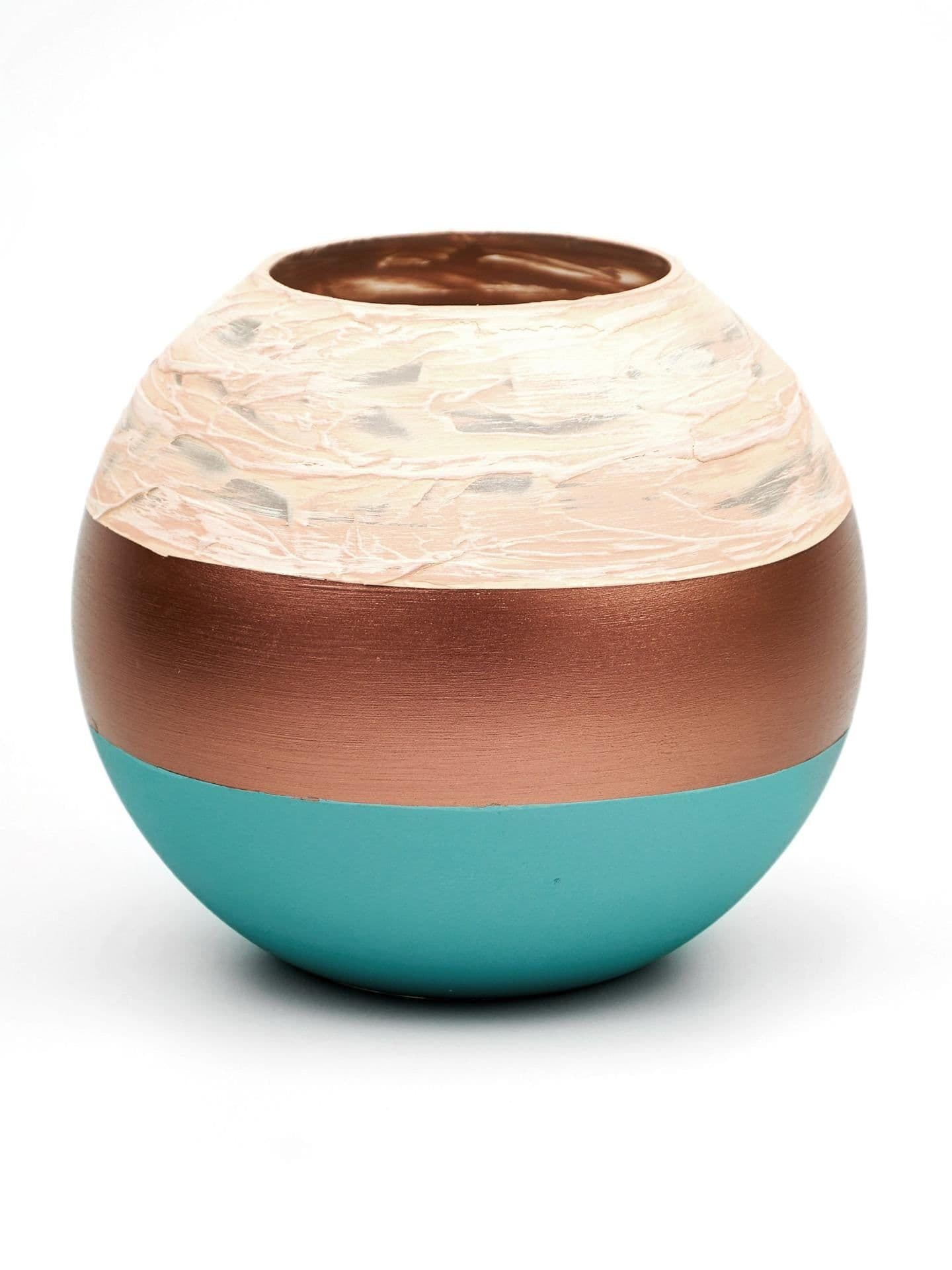 image-Handpainted Glass Vase | Painted Copper Bowl Art Glass Round Vase | Interior Design Home Room Decor | Table vase 6 inch | 5578/180/sh170