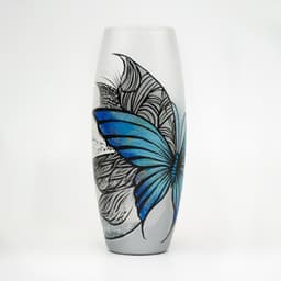image-Handpainted Glass Vase for Flowers | Blue Butterfly Painted Art Glass Oval Vase | Interior Design | Table vase 10 inch | 7736/250/sh227