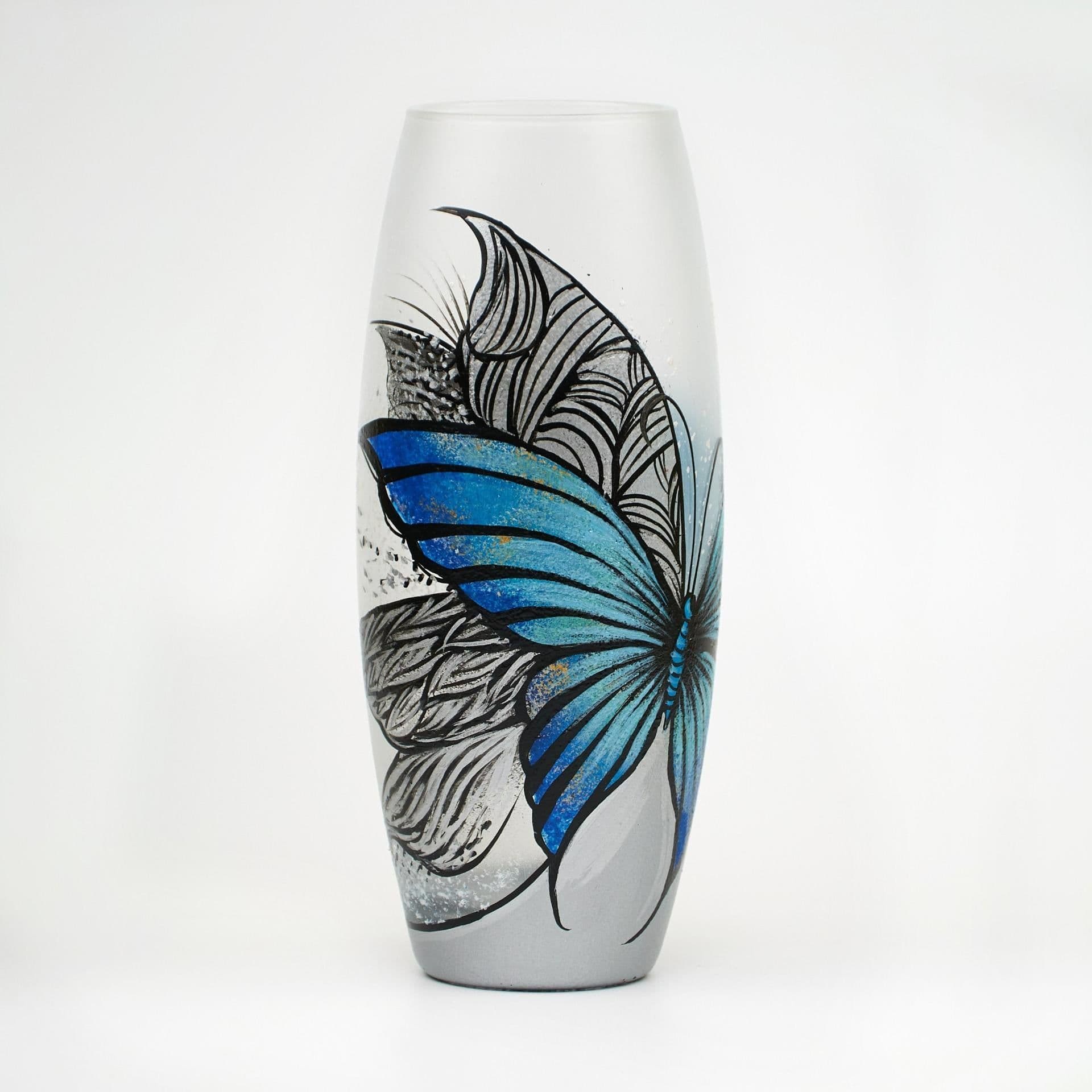 image-Handpainted Glass Vase for Flowers | Blue Butterfly Painted Art Glass Oval Vase | Interior Design | Table vase 10 inch | 7736/250/sh227