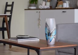 image-Handpainted Glass Vase for Flowers | Blue Butterfly Painted Art Glass Oval Vase | Interior Design | Table vase 10 inch | 7736/250/sh227