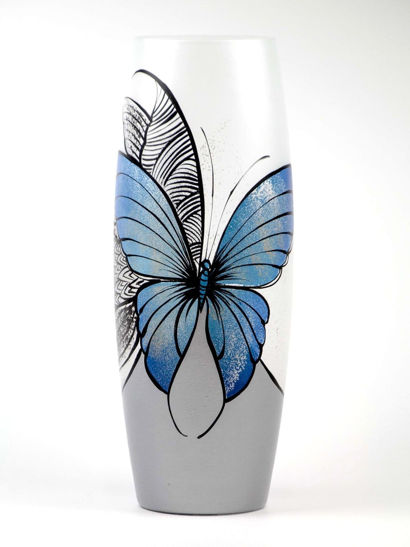 image-Blue butterfly floor Vase | Large Handpainted Glass Vase for Flowers | Room Decor | Floor Vase 16 inch | 7124/400/sh227