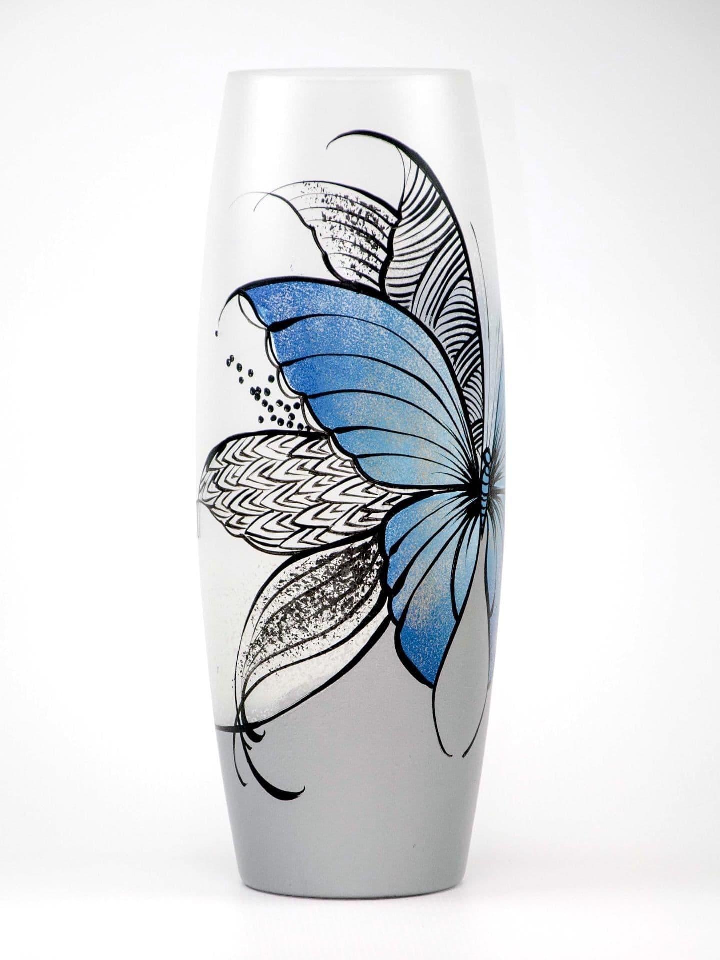 image-Blue butterfly floor Vase | Large Handpainted Glass Vase for Flowers | Room Decor | Floor Vase 16 inch | 7124/400/sh227