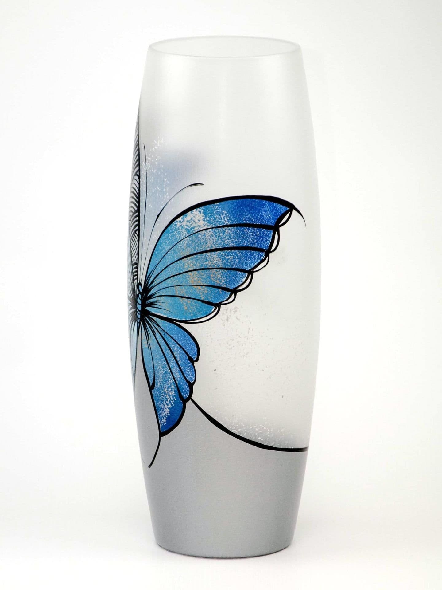 image-Blue butterfly floor Vase | Large Handpainted Glass Vase for Flowers | Room Decor | Floor Vase 16 inch | 7124/400/sh227
