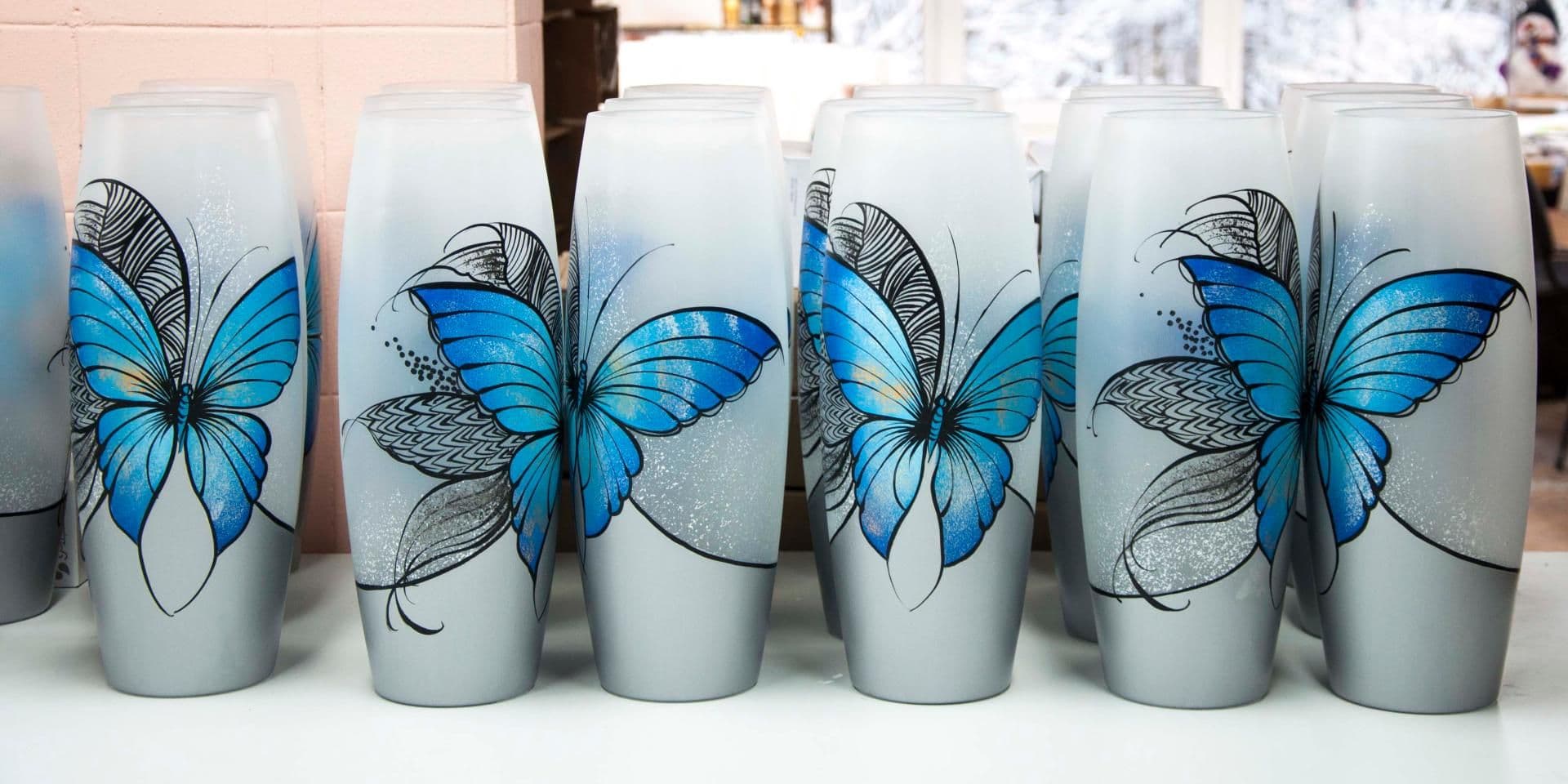 image-Blue butterfly floor Vase | Large Handpainted Glass Vase for Flowers | Room Decor | Floor Vase 16 inch | 7124/400/sh227
