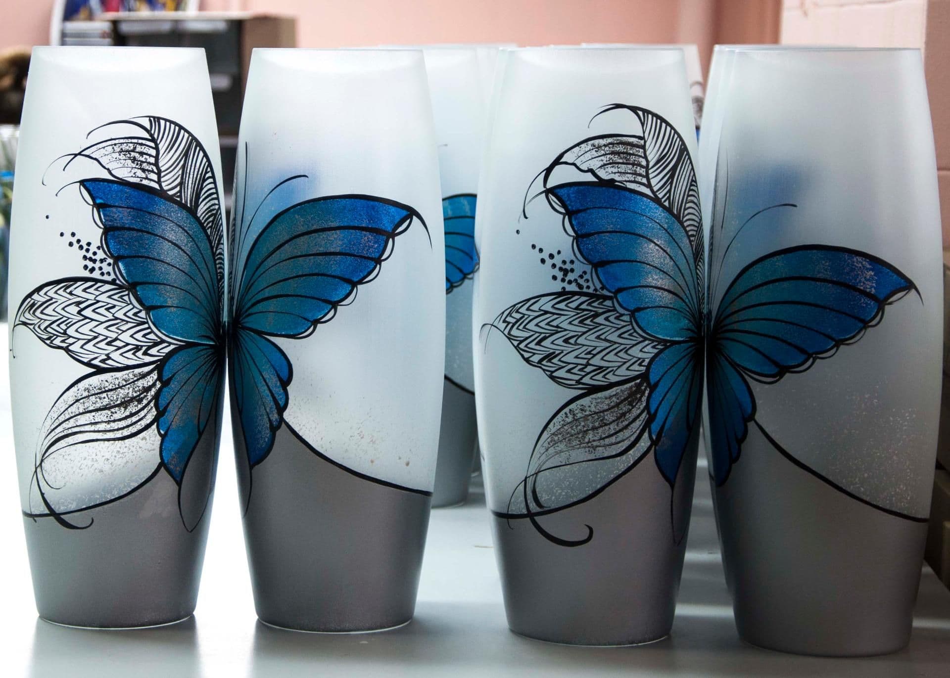 image-Blue butterfly floor Vase | Large Handpainted Glass Vase for Flowers | Room Decor | Floor Vase 16 inch | 7124/400/sh227