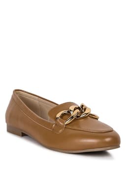 image-Chunky Metal Chain Faux Leather Loafers