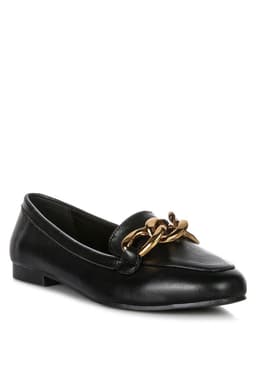 image-Chunky Metal Chain Faux Leather Loafers
