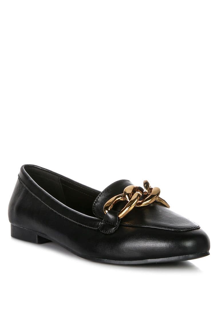 image-Chunky Metal Chain Faux Leather Loafers