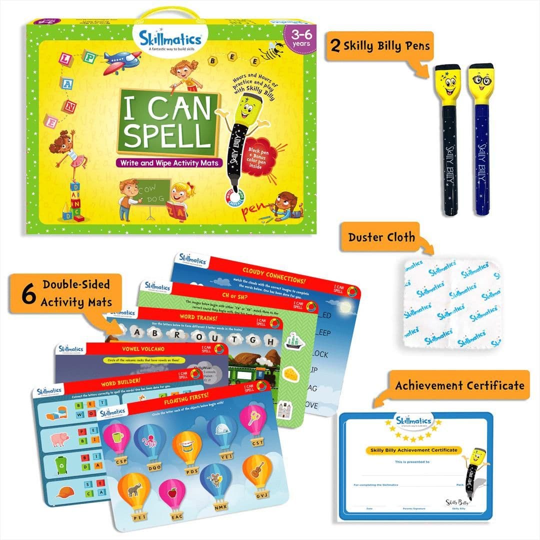 image-Skillmatics Educational Game : I Can Spell | Gifts & Preschool Learning for Kids Ages 3 to 6 | Reusable Activity Mats with 2 Dry Erase Markers