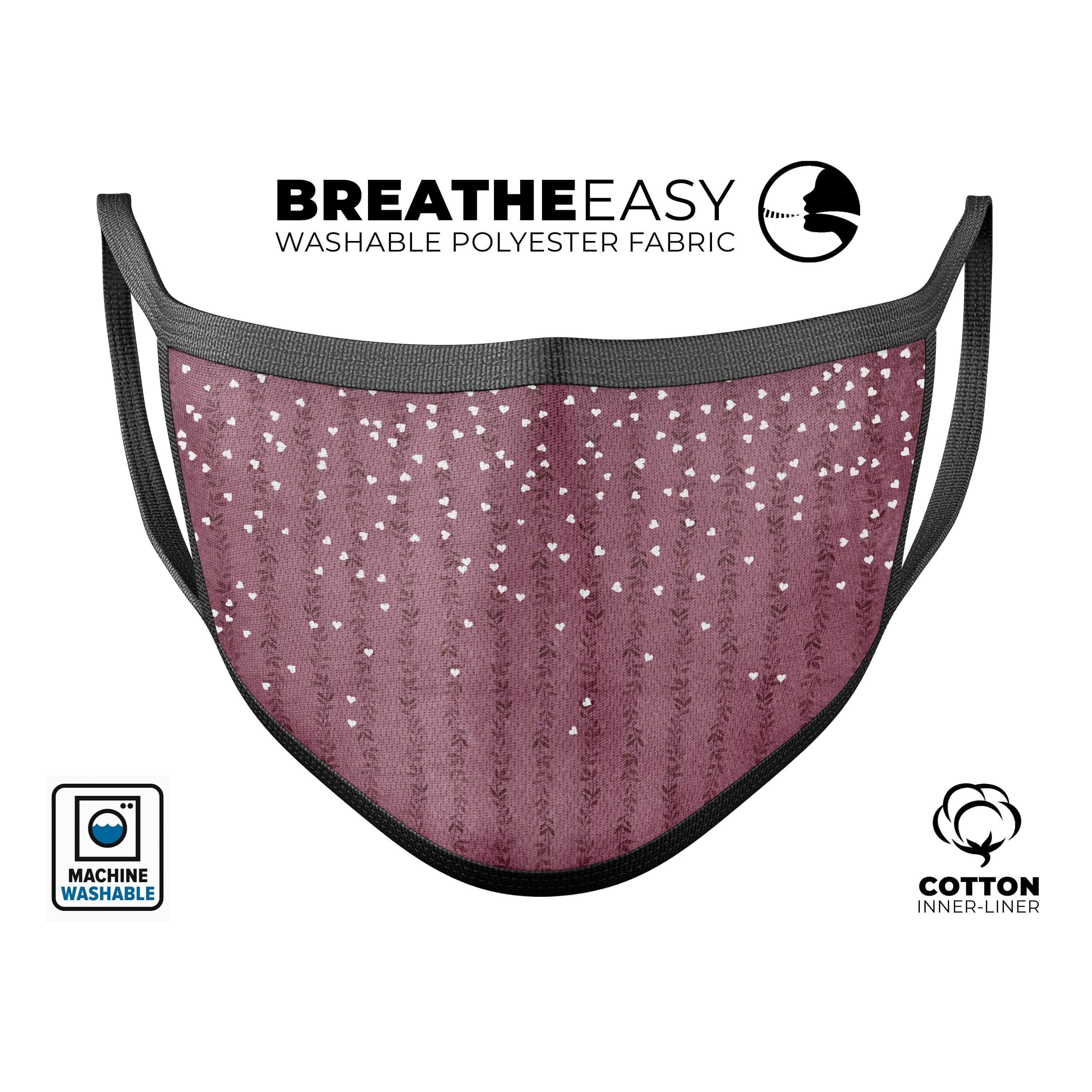 image-White Micro Hearts Over Burgundy Leaves - Made in USA Mouth Cover