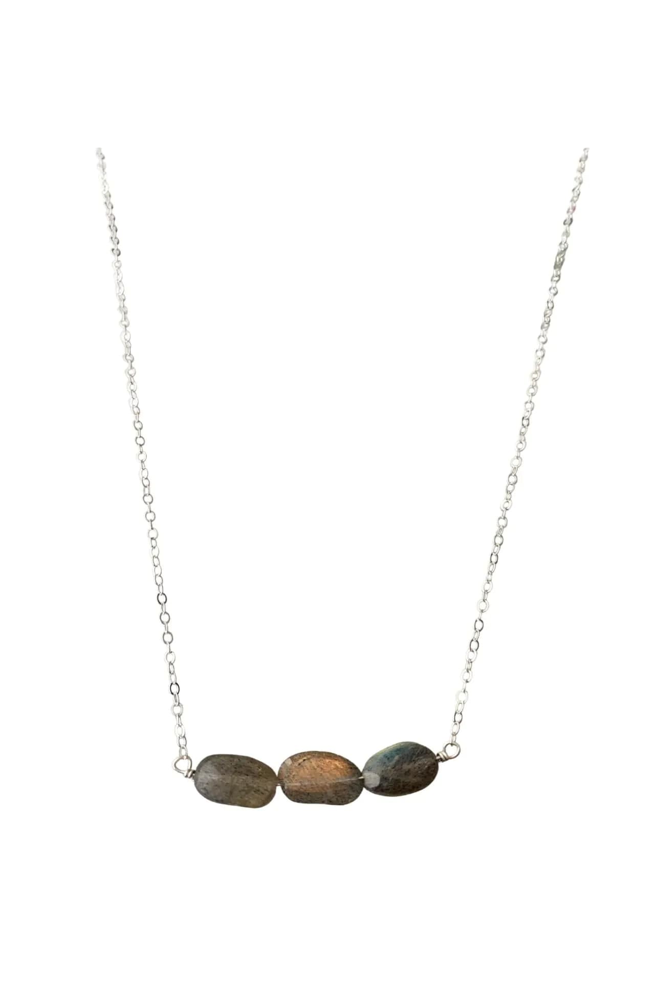 image-Sterling Silver 3 Oval Stone Labradorite Bar Necklace