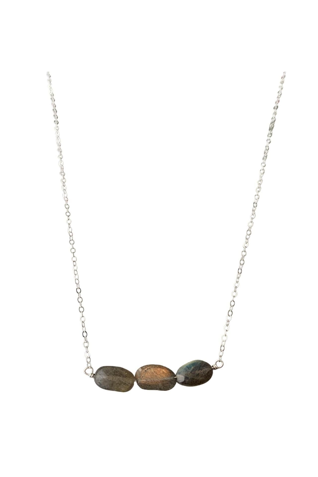 image-Sterling Silver 3 Oval Stone Labradorite Bar Necklace