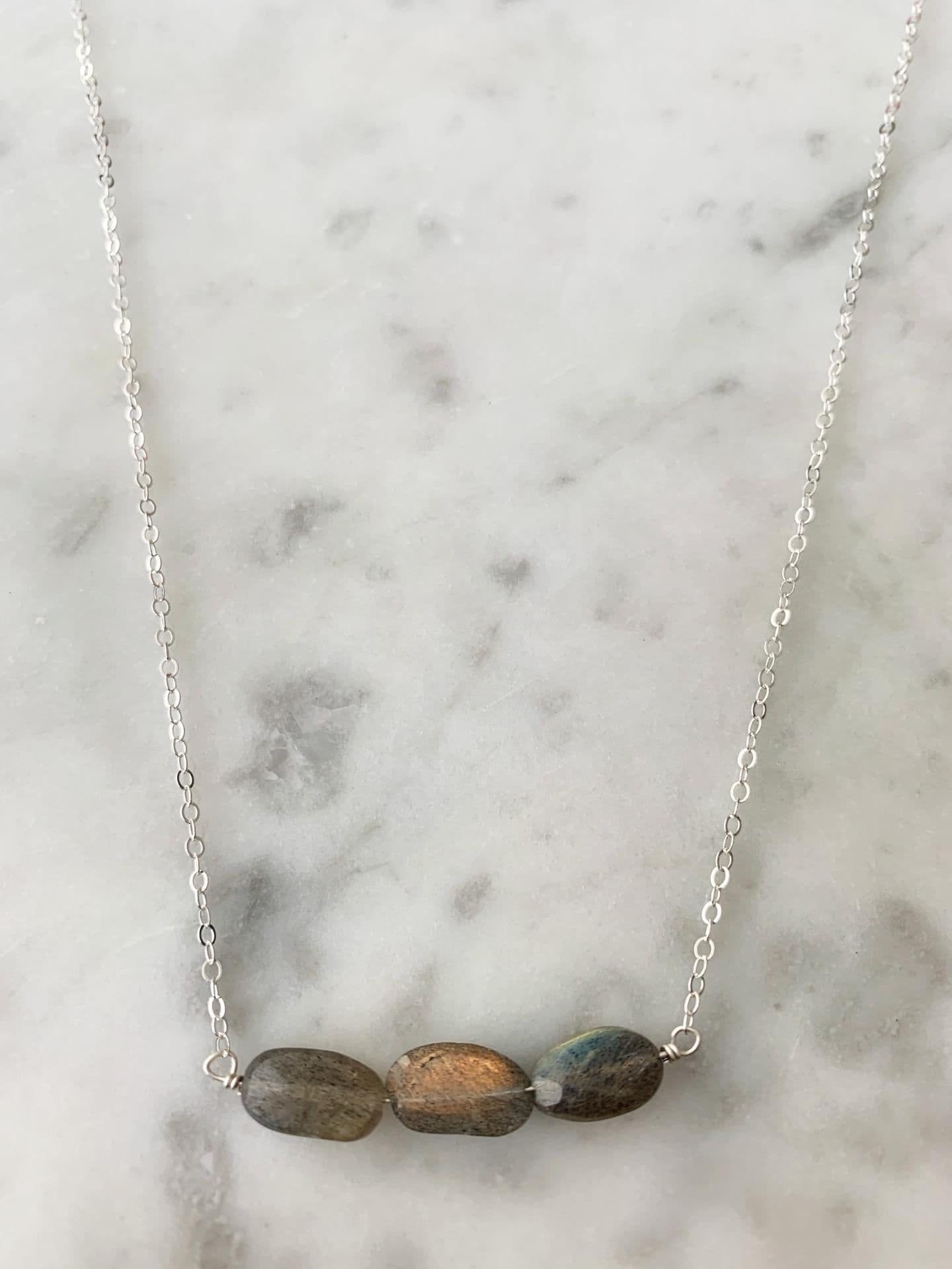 image-Sterling Silver 3 Oval Stone Labradorite Bar Necklace