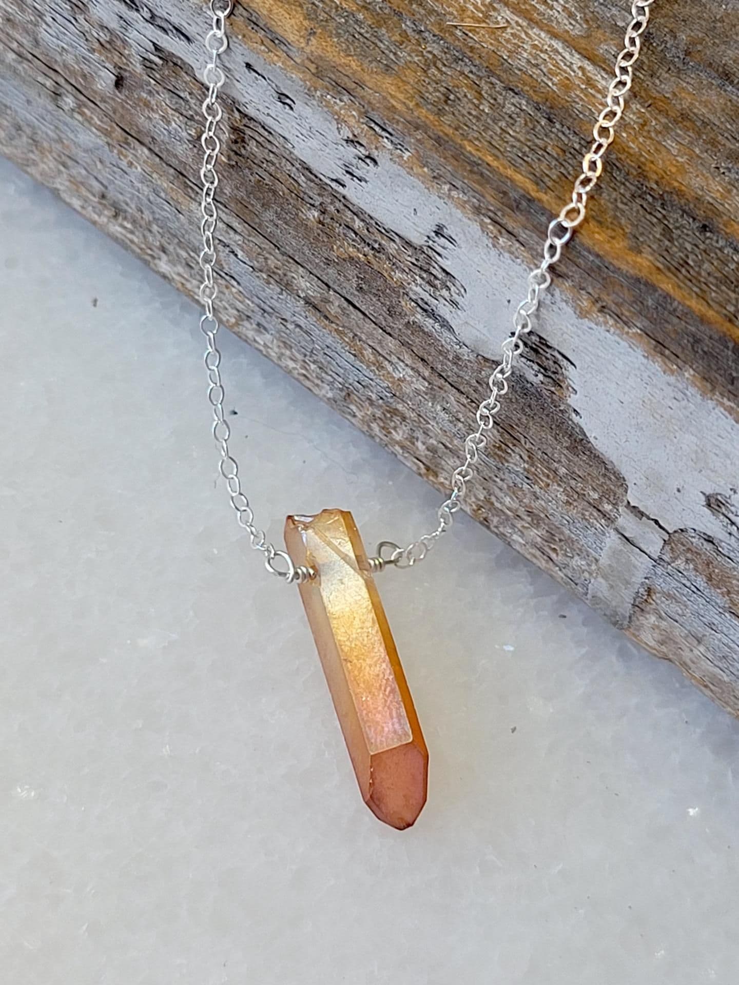 image-Single Raw Peach Quartz Crystal Pendant Necklace in Silver