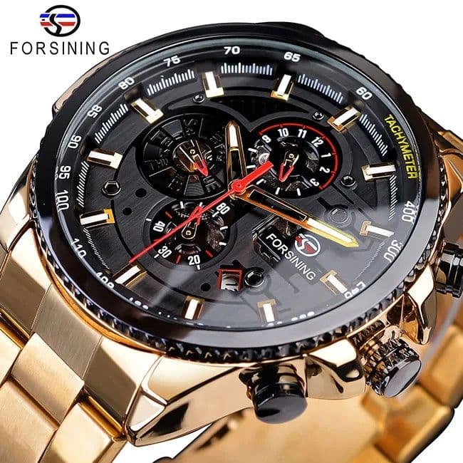 image-Forsining Three Dial Calendar Stainless Steel Men Mechanical Automatic Wrist Watches Top Brand Luxury Military Sport Male Clock