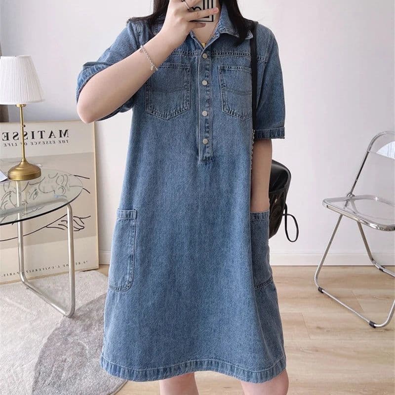 image-Women's Vintage Polo Neck Knee Length Denim Dress, Korean Cargo Baggy, Straight Half Sleeve Pocket Shirts, Jeans Dresses, Summer