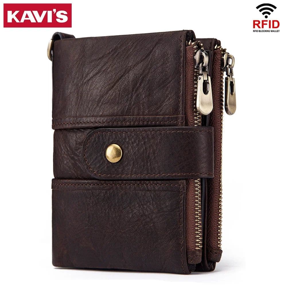 image-KAVIS 100% Genuine Leather Rfid Wallet Men Crazy Horse Wallets Coin Purse Short Male Money Bag Quality Designer Mini Walet Small